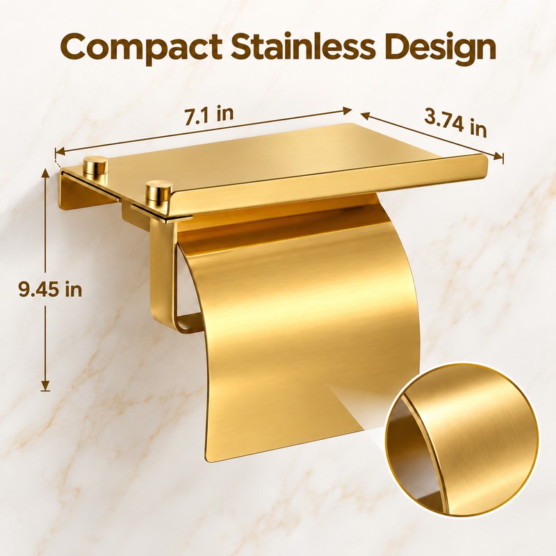 Stainless Steel Toilet Paper Holder with Shelf, Wall-Mounted Bathroom Tissue