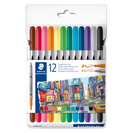 STAEDTLER 3200 3200 Double Fibre Tip Pens for Narrow and Wide Lines, Case with 12 Double Fibre Tip Pens in Assorted Colours, 3200 C12