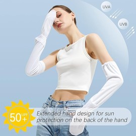 White Driving Fingerless Sun Sleeves Adjustable Arm Sleeve with Gloves UV Protection Cooling Arm Cover for Gardening