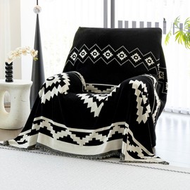 JPGGD Boho Sofa Couch Cover, Chenille Couch Cover Blanket for Dogs Washable, Chenille Sofa Covers, Bohemia Slipcovers for Couches and Sofas, Slipcovers for Recliner(71"x 71"/Black/1pc)