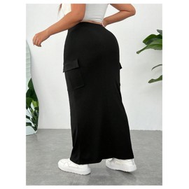 SOLY HUX Women's Plus Size Cargo Skirts Y2k Vintage Long Maxi Skirts with Pockets Streetwear Plain Black 1XL