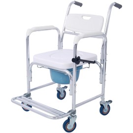 Udorich 4-in-1 Bedside Commode Chair with Wheels, Toilet Rolling Transport Chair, Waterproof Shower Design, Comfortable Cushion, and Crutch Holder
