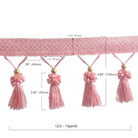 Kuasting Fringe Tassel Lace Trim 12.5 Yards Braided Hanging Beads Handwork DIY Craft Sewing Accessory Lace for Home Curtain Table Decoration (Pink)