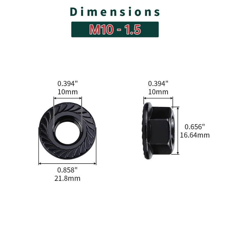 M10-1.5 Black Flange Nuts (25 pcs), 304 Stainless Steel 18/8,