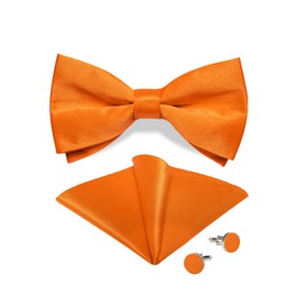 DiBanGu Orange Satin Bow Ties for Men Silk Pre-tied Bowtie and Pocket Square Cufflinks Set for Wedding Party