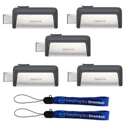 SanDisk Ultra 128GB Dual Drive USB Type-C (Five Pack Bundle) Works with Smartphones, Tablets, and Computers (SDDDC2-128G-G46) Plus (2) Everything But Stromboli (TM) Lanyard