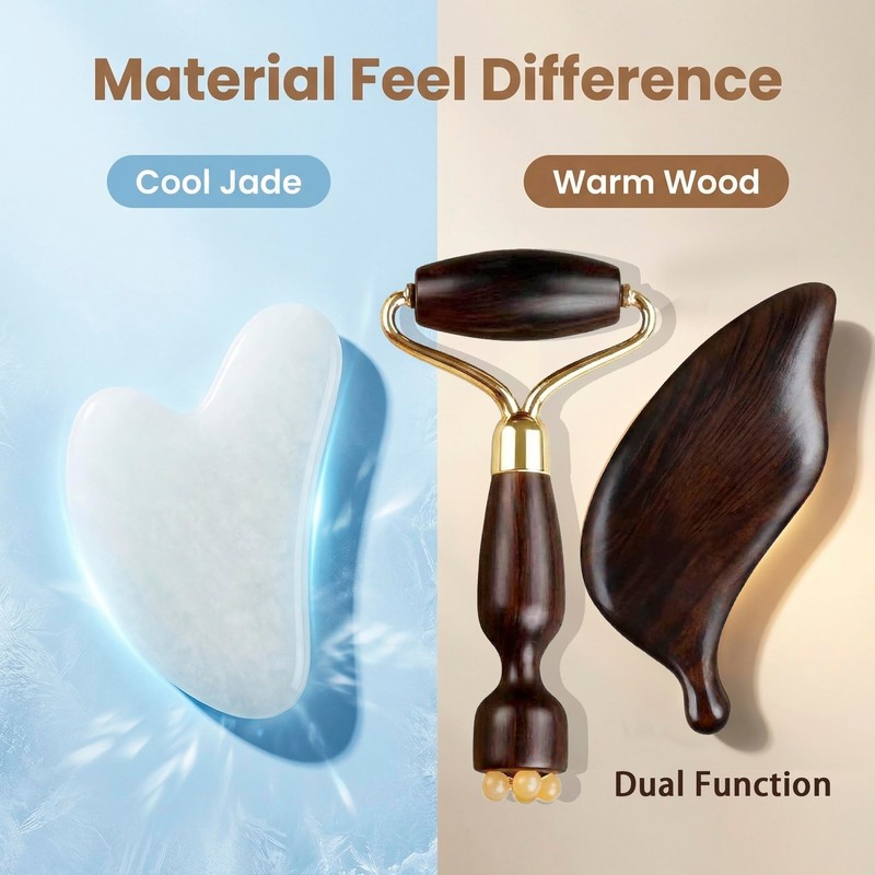Red Sandalwood Face Roller & Leaf Gua Sha Set, Dual