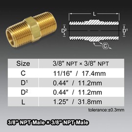 boeray 2pcs 3/8" to 3/8" NPT Male Thread Brass Straight Hex Nipple Fast Coupler Pipe Hose Fitting 3/8 inch x 3/8 inch Straight Fitting
