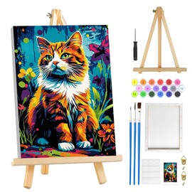 MOGTAA Katze Malen Nach Zahlen Erwachsene mit Rahmen, Blume Malen Nach Zahlen Mit Holzstaffelei, DIY Tiere Ölgemälde Leinwand Set Acrylic Malerei Bilder für Home Dekor, 20x30cm