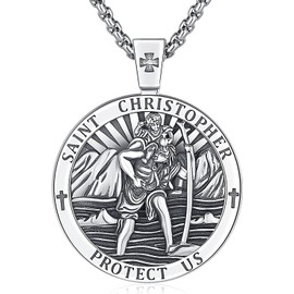 Aniu St Christopher Necklace for Men Sterling Silver Saint Christopher Protect Us Medal Pendant Get Back Necklaces St. Christopher Surf Jewelry Birthday Fathers Day Gift Jewelry