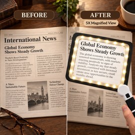 5X Handheld Magnifying Glass for Reading – Large Rectangle Lens with 48 Dimmable LED Lights for Close-Up Viewing
