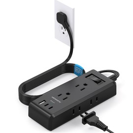 Black Extension Cord 15 Ft, Long Cord Ultra-Thin Flat Plug Power Strip with 6 Outlets and 3 USB Ports (2 USB C), Wall Mount for College Dorm Room Home Office Desk Essentials
