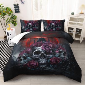 AILONEN Skull Decor Bedding Set Full Size, Romantic Red Rose Skeleton Comforter Set Bedroom Decor Men,Fiery Style Black Tint Soft Breathable Bed in a Bag,3 Pieces,1 Quilt and 2 Pillowcases