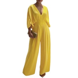 CHICME Women's V-Neck Half Sleeve Ruched Jumpsuit Casual Flowy Wide Leg Pants One Piece Jumpsuit Yellow-XL