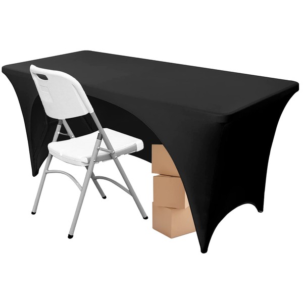 Time to Sparkle 6ft Stretch Spandex Table Cover for Rectangle Tables with Open Back - Universal Rectangular Fitted Tablecloth Protector for Wedding, Banquet and Party Black