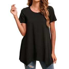 Enmain Black Tunic Tops for Women Short Sleeve Ladies Tunics to wear with Leggings Womens Casual Blouse Hankerchief Hem Top for Summer,Black,XL