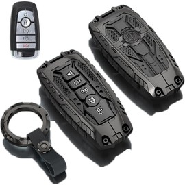 Heavy Metal Key Fob Cover for Ford, Key Fob Case Protector with Keychain Suit for Ford Explorer Fusion Escape Edge Expedition F150 F250 F350 F450 F550 Maverick Mustang 3/4/5 Buttons (A-Black)