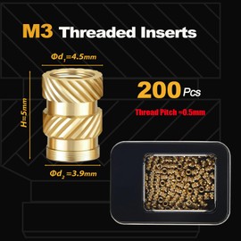Kadrick Kadrick 200Pcs M3 Threaded Inserts for 3D Printing Components,M3*5mm*4.5mm Metric Brass Knurled Nuts, Insert by Heat into Plastic Parts