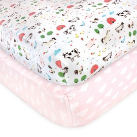 Hudson Baby Unisex Baby Cotton Fitted Crib Sheet, Girl Farm Animals, One Size