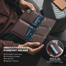 VULKIT Portapasaportes Familiar para 4 Personas Cartera de Pasaporte de Cuero con Ranura para Airtag Múltiples Portapasaportes con Bloqueo RFID Organizador de Documentos de Viaje Bifold
