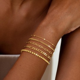 Moodear Trendy 14K Gold Stack Bracelet Set - Dainty Layered Cuban Link Chain Figaro Paperclip Beaded Satellite Bracelets for Women Fashion