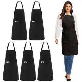 zvzvrog 5 Pack Black Chef Apron, Plain Catering Apron with Pocket for Men and Women, Apron for Waitress Servers (L, Non-adjustable)