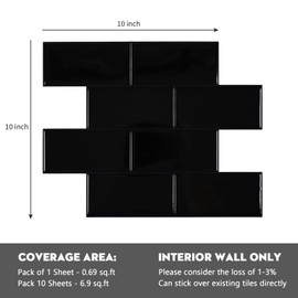 Black Peel and Stick Backsplash Subway Tile, Self Adhesive Peel and Stick Wall Tiles Kitchen Backsplash Stick on Tile (10"x 10", 10 Sheets)