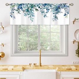 oolygoo Teal Eucalyptus Botanical Leaves Valances Kitchen Curtains Flower Window Drapes Turquoise Blue Floral Plants Botanical Wildflower Bedroom Bathroom Living Room Treatment Tier 52Wx18H Inch