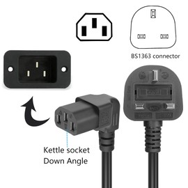GELRHONR 90 Degree Kettle Lead Coiled Cable,3 pin Mains to Down Angle IEC C13 Power Cord Spring Spiral Cable for Computer,Monitor,TV,Halogen Oven-Black(Down Angled C13)