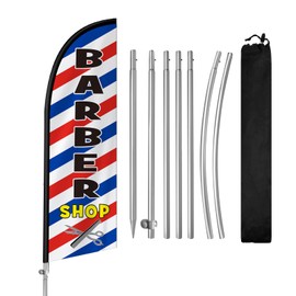 QSUM Barber Flags for Business, 8FT Swooper Barber Flag for Outside, Barber Signs with Flagpole, Ground Stake, Eye-Catching Banner for Barbershop Advertising