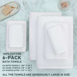 VOOVA & MOVAS Towels for Bathroom,6 Pieces Gift Set,100% Cotton | Large | Soft | Quick Dry, 2 Bath Towels 30"×56", 2 Hand Towels 18"×28", 2 Wash Cloths 13"×13",Dorm Room Essentials, White