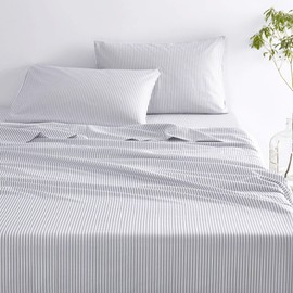 Wake In Cloud - Gray Striped Sheet Set, Grey Vertical Ticking Stripes Pattern Printed on White, Soft Microfiber Bedding (4pcs, Queen Size)