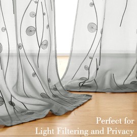 HOMEIDEAS Grey Sheer Curtains 52 X 96 Inches Length 2 Panels Gray Embroidered Wave Line with Spiral Pattern Pocket Faux Linen Semi Sheer Voile Window Curtains/Drapes for Bedroom Living Room