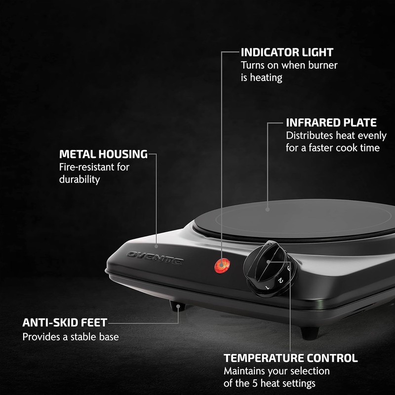 OVENTE Countertop Infrared Single Burner, 1000W Electric Hot Plate with