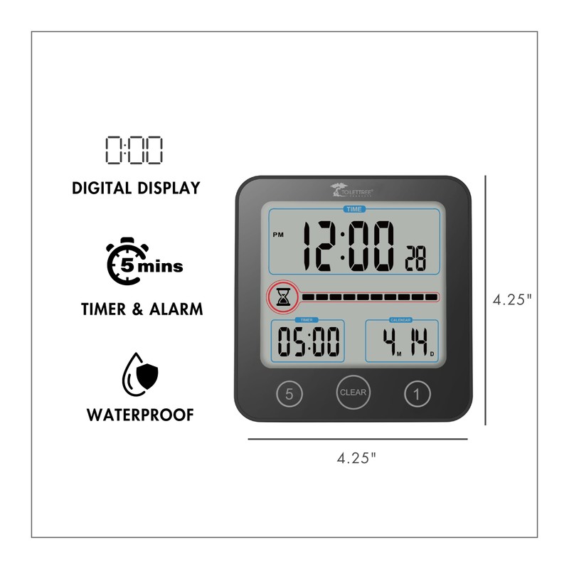 ToiletTree Products Digital Bathroom Shower Clock with Alarm & Large