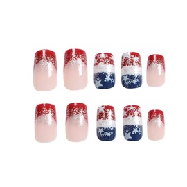 24pcs Independence Day Press on Nails Short Square 4th of July Fake Nails with Glitter Star Designs Stick on Nails Red French Tip False Nails Patriotic Full Cover Nail Tips Glue on Nails for Women