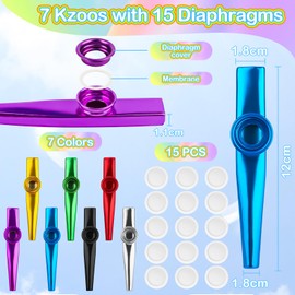 Pack of 7 Kazoo Instrument with 15 Interchangeable Membranes, ELEPRUC Aluminium Alloy Metal Kazoo, Nose Flute, Kazoo Colourful Set, Suitable for Adults and Music Beginners, Children's Party Favours