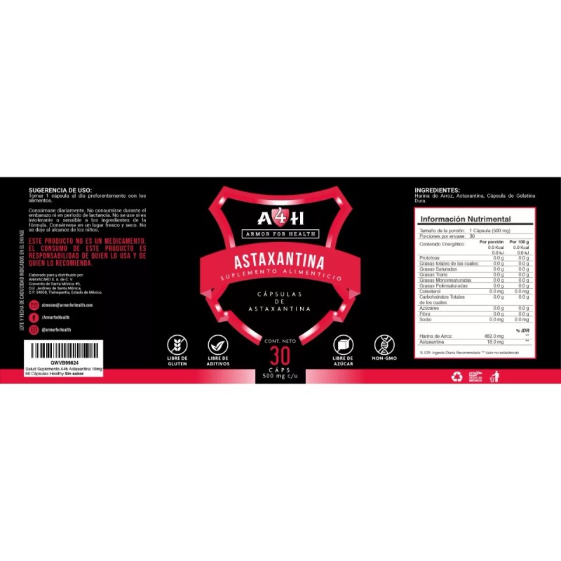 Armor For Health Astaxantina 18mg Salud Suplemento A4h 30 Cápsulas