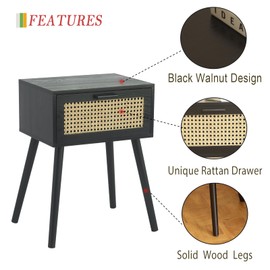AWASEN Mid Century Modern Nightstand, Rattan Side Table with Drawer, Black Bedside Table with Storage and Solid Wood Legs for Living Room, Bedroom and Small Space (Black)