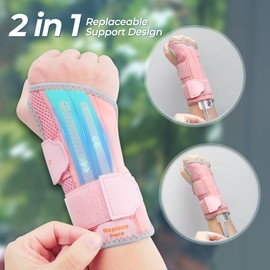 CURECARE 2 in 1 Wrist Brace for Carpal Tunnel, Wrist Splint with 2 Replaceable Matel Plates & Springs and 360° Adjustable Straps (Right - Pink, L/XL)
