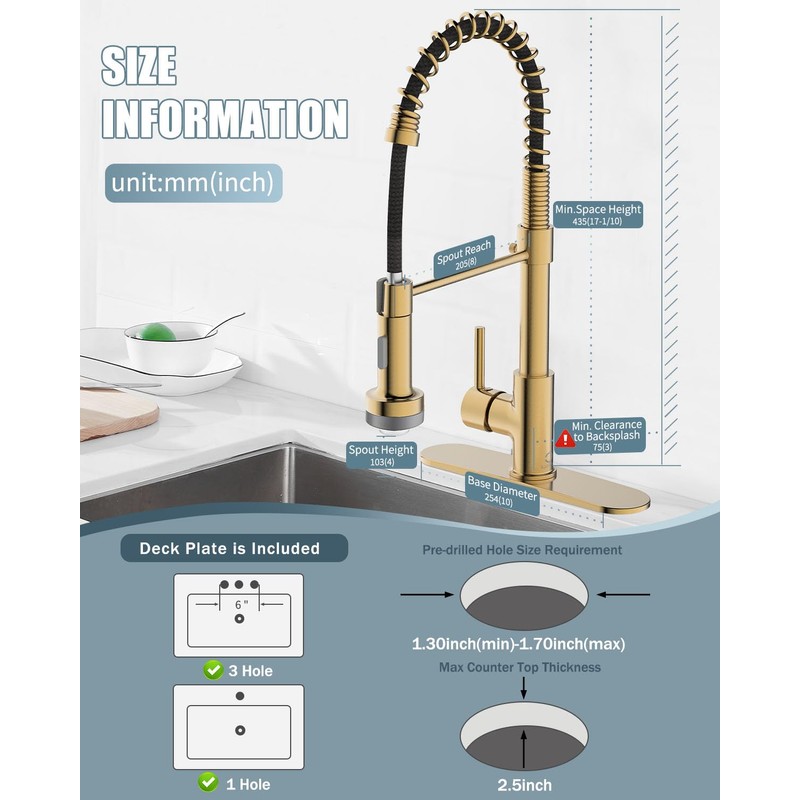 Casavilla LED Kitchen Faucet, Brushed Gold Kitchen Faucet with Soap