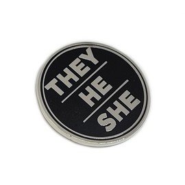 They He She Pronoun Pin Silver and Black Circular Hard Enamel Nonbinary Pronoun Button Badge, 1.25 inches, Metal enamel Zinc, star