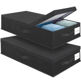 Supowin Underbed Storage Containers Bin with Lids (Set of 2) Large Under Bed Storage Organizer with Handle, Foldable Under the Storage Bags for Organizing Clothes, Shoes, Blankets, Pillows-Black