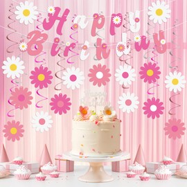 Pink Birthday Banner Decorations for Women Girls Pink Yellow White Daisy Flower Happy Birthday Banner Hanging Swirls Garland for Spring Birthday Baby Shower Party Supplies