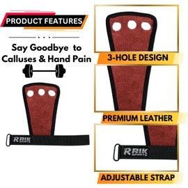 RIK SPORTS Gymnastics Hand Grips with Wrist Support - Latex-Free Elastic Hand Grips for Weightlifting & Cross Training - Leather Pull-Up Grips for Men & Women (Red, One Size)