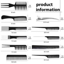 Boao 20 Pcs Hair Styling Comb Set with 10 Metal Duck Bill Clips, Rat Tail, Wide Tooth & Teasing Combs, Sectioning Kit for Cutting, Coloring, Blow Drying, Salon Barber Home Use, Black