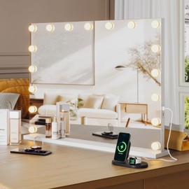 32" x 24" Vanity Mirror with Hollywood Lights, Makeup Mirror with Lights, Lighted Vanity Mirror with 17 Dimmable LED Bulbs, 3 Color Bulbs, LED Mirror with Touch Control for Vanity, Bedroom