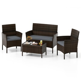 S AFSTAR 4 Pieces Patio Rattan Conversation Set, Patio PE Outdoor Set w/Tempered Glass Coffee Table, Loveseat & Chairs, Zippered Gray Cushions, Wicker Patio Sofa Set for Backyard, Garden & Poolside