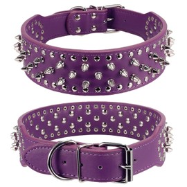 BTDCFY Hoot PU Leather Adjustable Spiked Studded Dog Collar 2" Wide 37 Spikes (M(Neck 19"-22"), Purple)