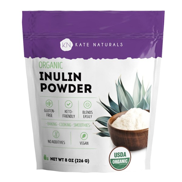 Kate Naturals Inulin Powder Organic for Prebiotic Fiber and Gut Health (8oz) USDA Organic Prebiotic Powder for Vegan Baking, Gluten Free & Keto. Mix Well with Coffee & Smoothies (Blue Agave)